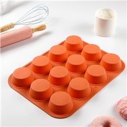 Форма силиконовая для выпечки Доляна «Круги», 12 ячеек, 33×25×2,6 см, d=7 см, цвет оранжевый