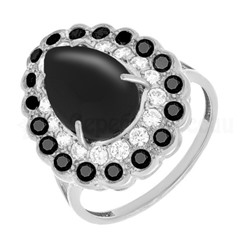 Кольцо из серебра с чёрным агатом и фианитами родированное