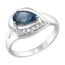 Кольцо из серебра с синим топазом и фианитами, 92011445