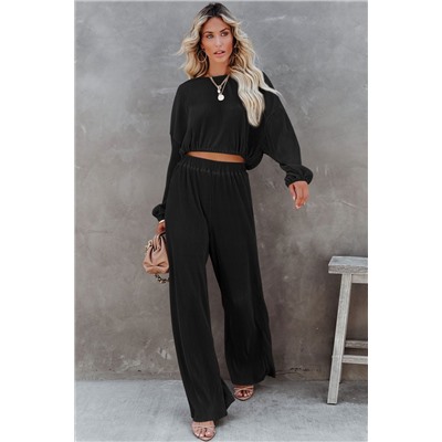 Black Corded Cropped Pullover and Wide Leg Pants Set