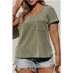 Meadow Mist Green Plus Size Corded V Neck Patch Pocket Tee