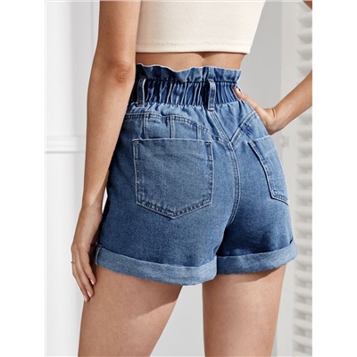 Denim Shorts mit hoher Taille, Rüschen, gerolltem Saum