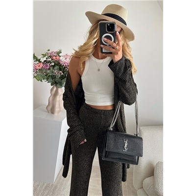 Black Metallic Ribbed Cardigan and Flare Pants Outfit