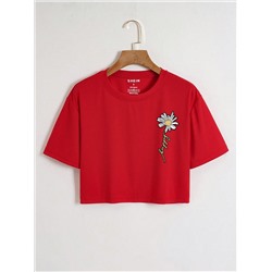 Укороченная футболка SHEIN EZwear с цветами и буквенной графикой