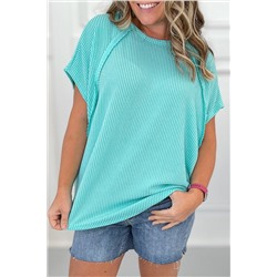 Light Blue Ribbed Exposed Seam Casual Plus Size T Shirt