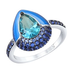 Кольцо из серебра с эмалью и синим ситаллом и фианитами, 92011670