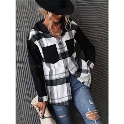 SHEIN LUNE Mantel mit Kapuze, Plaid Muster, Drop Shoulder