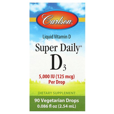 Carlson Super Daily, D3, 125 мкг (5000 МЕ), 90 растительных капель, 0,086 жидких унций (2,54 мл)