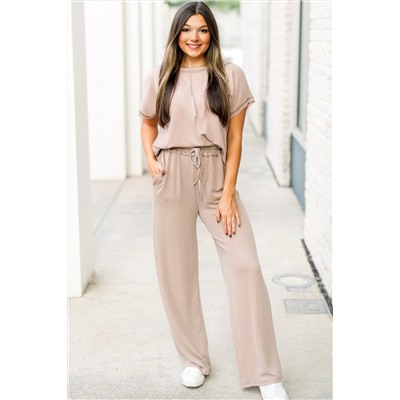 Parchment Exposed Seam Ribbed Tee and Pants Two-piece Outfit