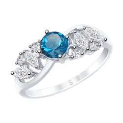 Кольцо из серебра с синим топазом и фианитами, 92011667
