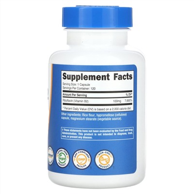 Nutricost Витамин B2, 100 мг, 120 капсул
