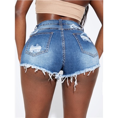 SHEIN SXY Denim Shorts mit asymmetrischer Taille, Riss, unbearbeitetem Saum