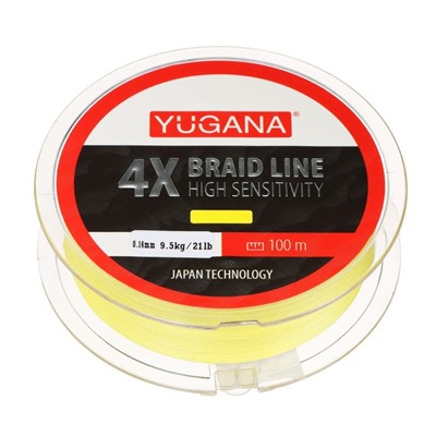 Леска плетеная YUGANA X4 PE, диаметр 0.14 мм, 9.5 кг, 100 м, жёлтая