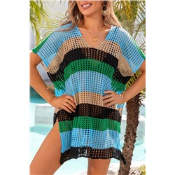 Black Striped Hollow Out Knit V Neck Tunic Cover Up