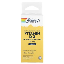 Solaray Витамин D-3 в подсолнечном масле, без ароматизаторов, 25 мкг, 14,8 мл (0,5 жидк. унции)