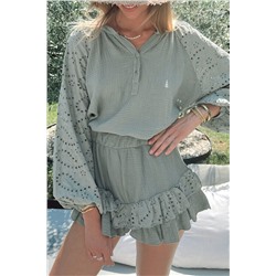 Mist Green Crinkled Eyelet Raglan Sleeve Top Ruffled Shorts Set