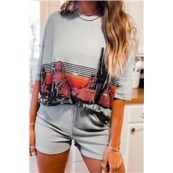 Gray Western Pattern Print Waffle Knit Two Piece Shorts Set