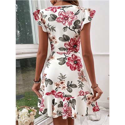 SHEIN VCAY Blumenmuster Mit Gerüschten Ärmeln Und Gestrickter Taille Sommerkleid Für Damen