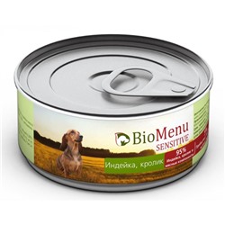 Консервы BioMenu SENSITIVE для собак индейка/Кролик 95%-мясо , 100гр