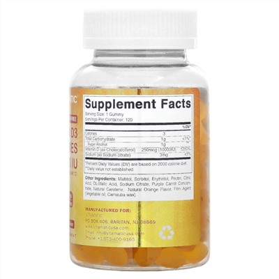 Vitamatic Витамин D3 без сахара, натуральный апельсин, 250 мкг (10 000 МЕ), 120 жевательных таблеток