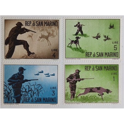 Набор негашеных почтовых марок, Сан-Марино, 1962 год, "Охота" (4шт.)