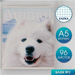 Тетрадь А5, 96 листов на скрепке, «Animal»,обложка мелованный картон 230 гр., внутренний блок №2, в клетку 80 гр., белизна 80 %