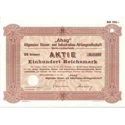 Акция Жилищное и промышленное строительство "Ahag" в Лихтерфельде, 100 рейхсмарок 1938 г, Германия