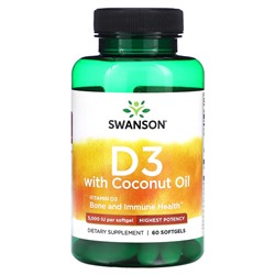 Swanson D3 с кокосовым маслом, Максимальная сила, 5000 МЕ, 60 мягких капсул - Swanson