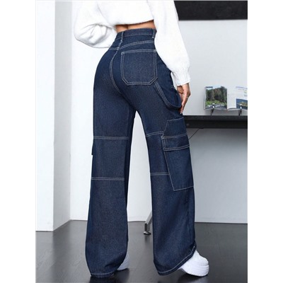 SHEIN EZwear Damen-jeanshose Im Cargo-stil Mit Taschen