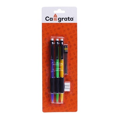 Набор карандашей автоматических 0,5 мм 3 штуки+грифели 0,5мм+3 шт., ластиков