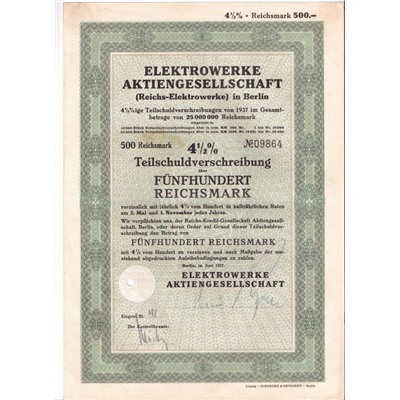 Акция Электростанции в Берлине, 500 рейхсмарок 1937 г, Германия