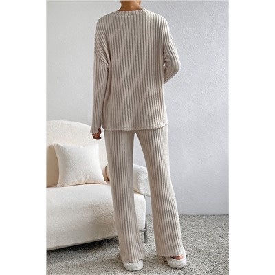 Parchment Plus Size Ribbed V Neck Pullover and Pants Set