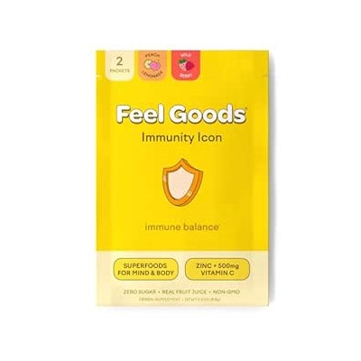 Feel Goods Immunity Icon - Vitamin C and Zinc Powder Packets, Immune Support Drink Mix, Natural Energy, Sugar Free, Organic Fruits, 0.3 Ounce Packets - Peach Lemonade, Wild Berry - 1 Count (Pack of 2)