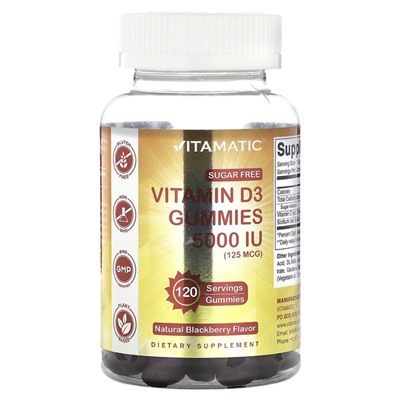 Vitamatic Жевательные конфеты с витамином D3 без сахара, натуральная ежевика, 125 мкг (5000 МЕ), 120 жевательных таблеток