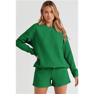 Green Textured Long Sleeve Top and Drawstring Shorts Set