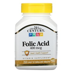 21st Century Folic Acid, 400 mcg, 250 Easy to Swallow Tablets