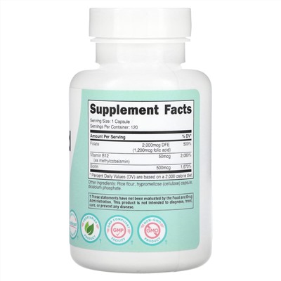 Nutricost Для женщин, Фолиевая кислота с биотином и витамином B12, 120 капсул
