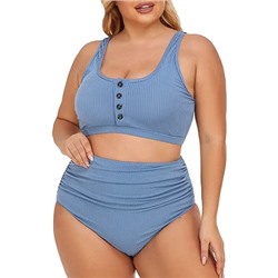 Summer Mae Plus Size Women Ribbed Bikini Set Two Piece High Waist Swimsuit Scoop Top Tummy Control Bathing Suit Swimwear