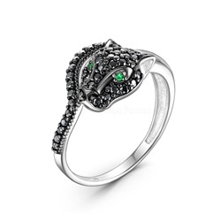 Кольцо из серебра с натуральной чёрной шпинелью и зелёным агатом цвета изумруд родированное