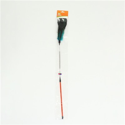Дразнилка с перьями и 2 метал. бубенчиками и двойной ручкой (жёсткая/гибкая), 60 см, микс
