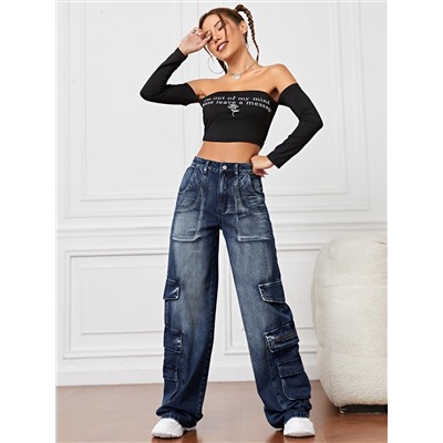 SHEIN EZwear Cargo Jeans mit hoher Taille, Pattentasche