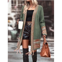 SHEIN LUNE Duster Cardigan mit Kariert & Geo Muster, Drop Shoulder Fransen