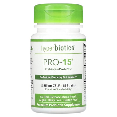 Hyperbiotics PRO-15, Пребиотик + Пробиотик, 5 миллиардов КОЕ, 60 микро-жемчужин - Hyperbiotics