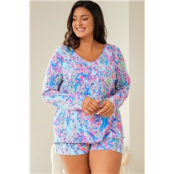 Sky Blue Plus Size Floral Print Long Sleeve and Shorts Lounge Outfit