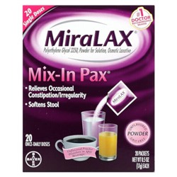 Miralax Пакет Mix-In, без песчинок, без ароматизаторов, 20 пакетов по 0,5 унции (17 г) каждый