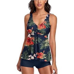 Modest Tankini Swimsuits for Women Two Piece Bathing Suits Floral Print Tank Top with Boyshorts