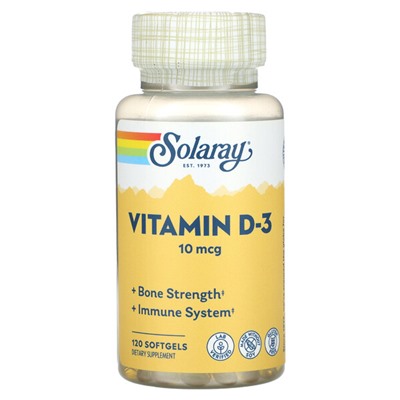 Solaray Витамин D-3, 10 мкг, 120 мягких таблеток