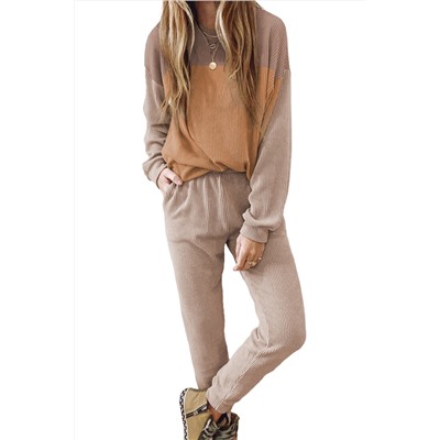 Brown Corded 2pcs Colorblock Pullover and Pants Outfit