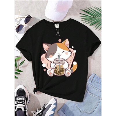 SHEIN Genkimix Kids Schwarzes T-Shirt mit niedlichem Cartoon-Kätzchen-Design trinkt Milchtee, Must-Have für Teenager-Mädchen im Sommer