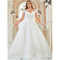 Off-Shoulder Hochzeitskleider in Große Größen mit Spitze Elfenbein, mit Schleppe, Stickerei, V-Ausschnitt, Brautkleid mit bestickter Spitze, Schnürung hinten, luxuriöser glitzernder Tüllsaum, Halter, A-Linie Brautballkleid für Hochzeitsfeier